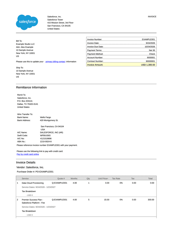 Salesforce Subscription Invoice editable example