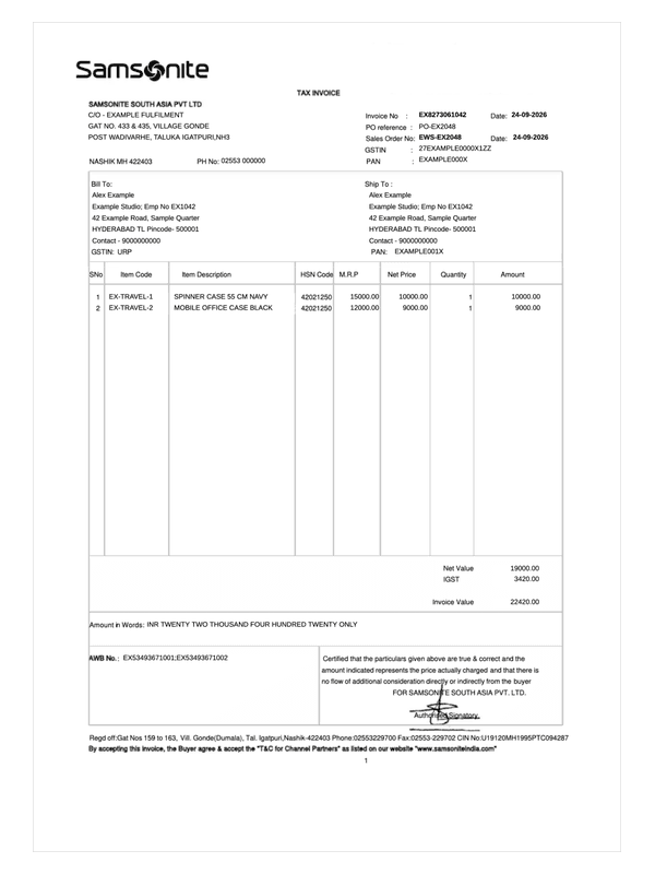 Samsonite Receipt editable example