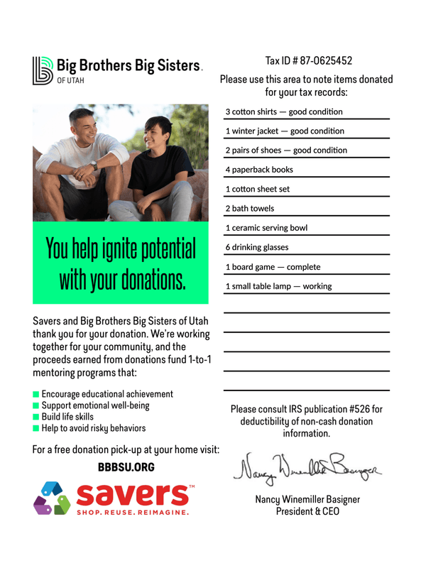 Savers Donation Receipt editable example