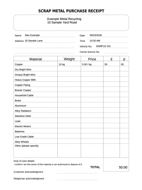 Scrap Metal Purchase Receipt editable example