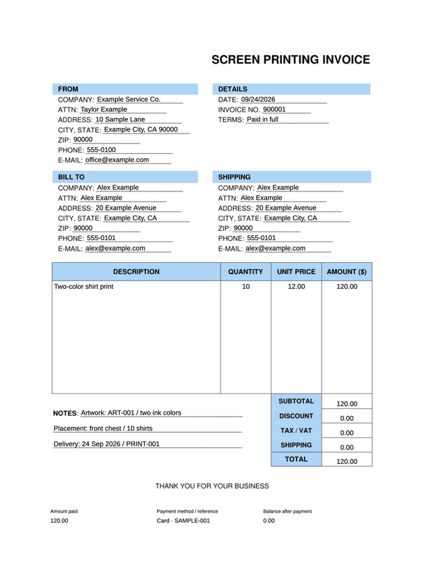 Screen Printing Service Receipt editable example