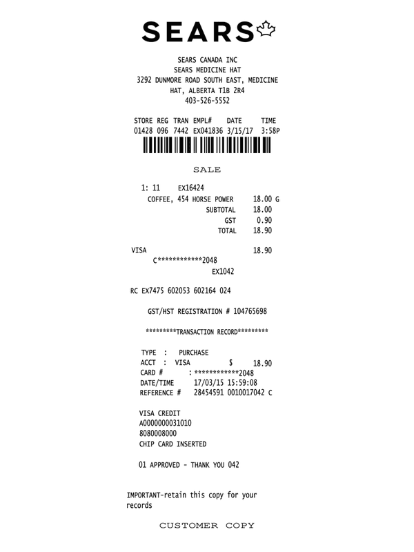 Sears Canada Receipt editable example