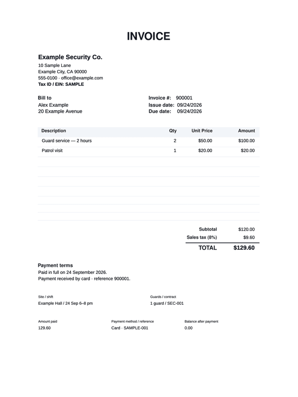 Security Services Receipt editable example
