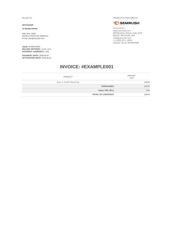 Semrush Recurring Plan Invoice editable example