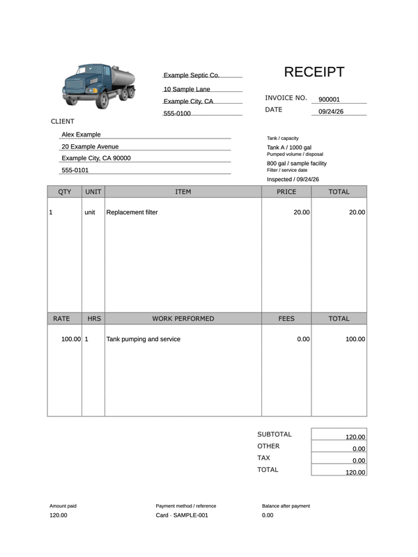 Septic Service Receipt editable example