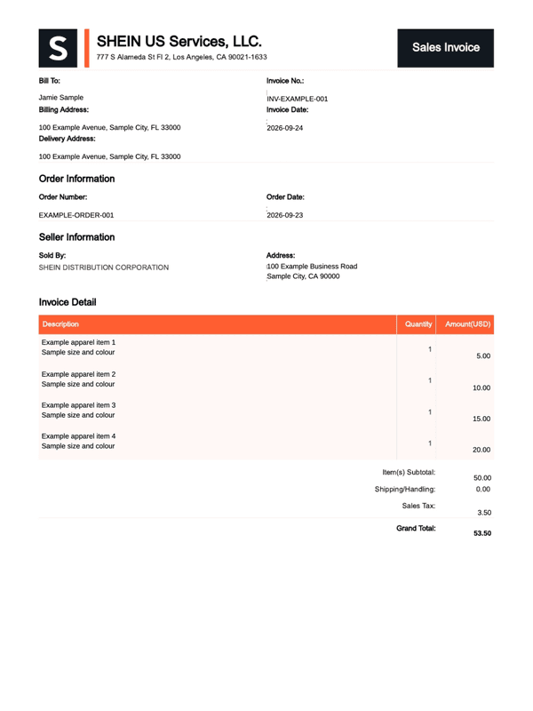 SHEIN Sales Invoice editable example