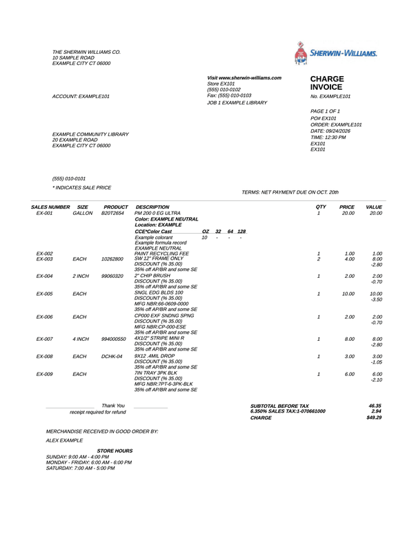 Sherwin-Williams Charge Invoice editable example