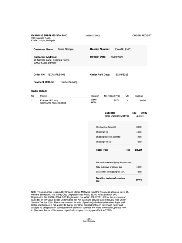 Shopee Malaysia Order Receipt editable example