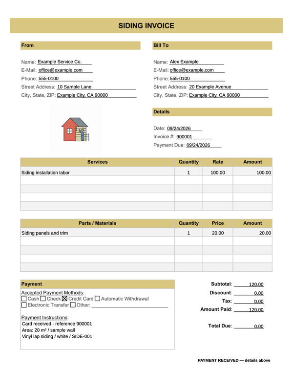 Siding Installation Receipt editable example