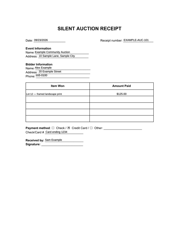 Silent Auction Payment Receipt editable example