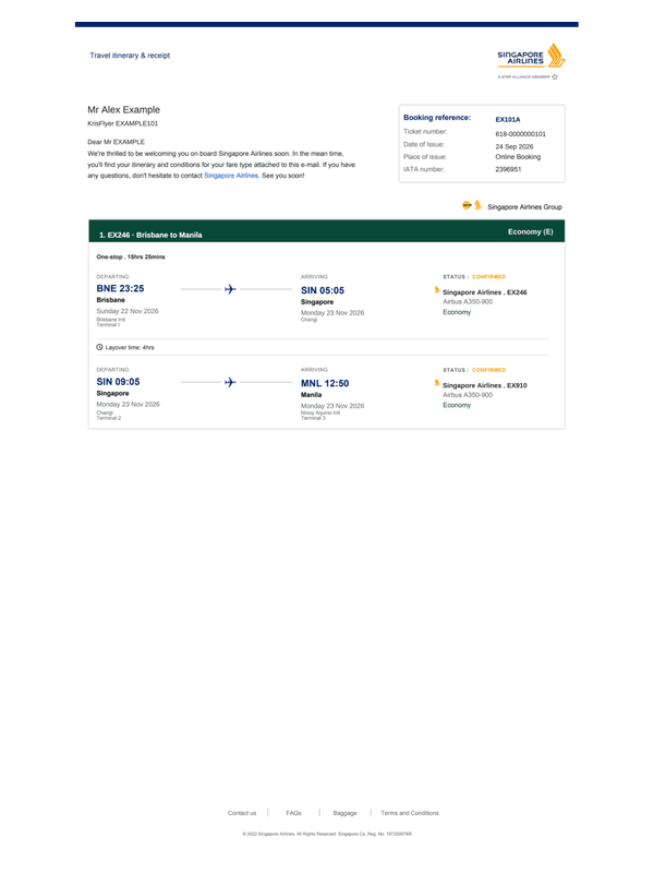 Singapore Airlines E-ticket Receipt editable example
