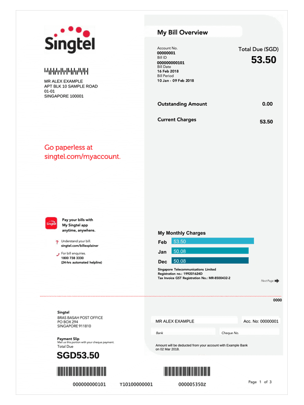 Singtel Monthly Bill editable example