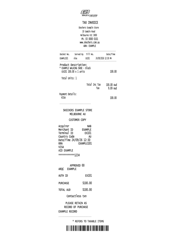 Skechers Tax and Card Receipt editable example