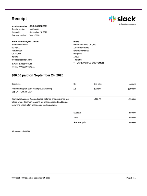 Slack Subscription Receipt editable example