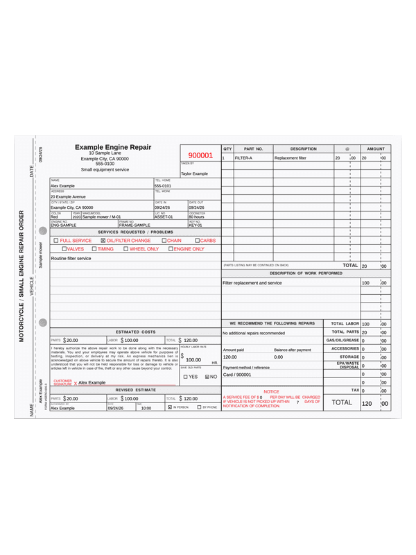 Small Engine Repair Receipt editable example