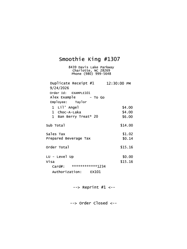 Smoothie King Receipt editable example