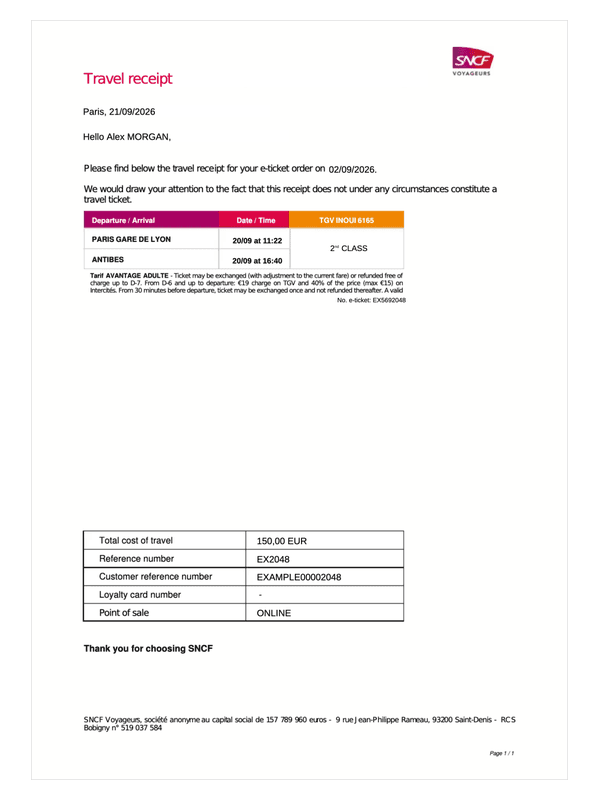 SNCF Travel Receipt editable example