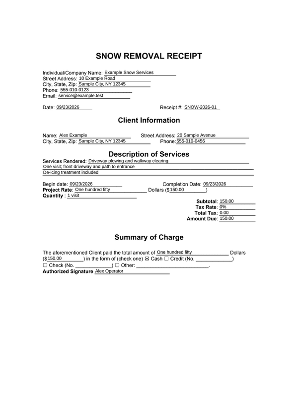 Snow Removal Receipt editable example
