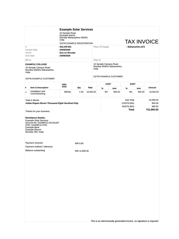 Solar Installation Invoice editable example