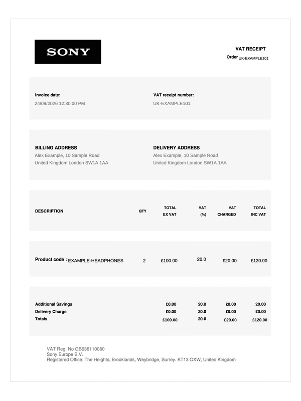 Sony VAT Receipt editable example