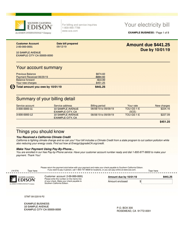 Southern California Edison Business Bill editable example