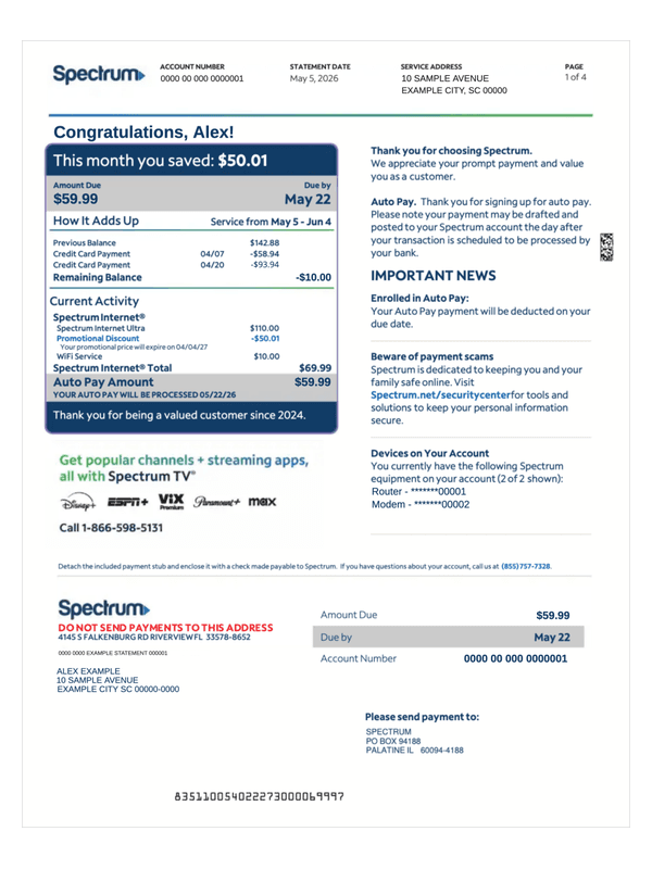 Spectrum Internet Bill editable example