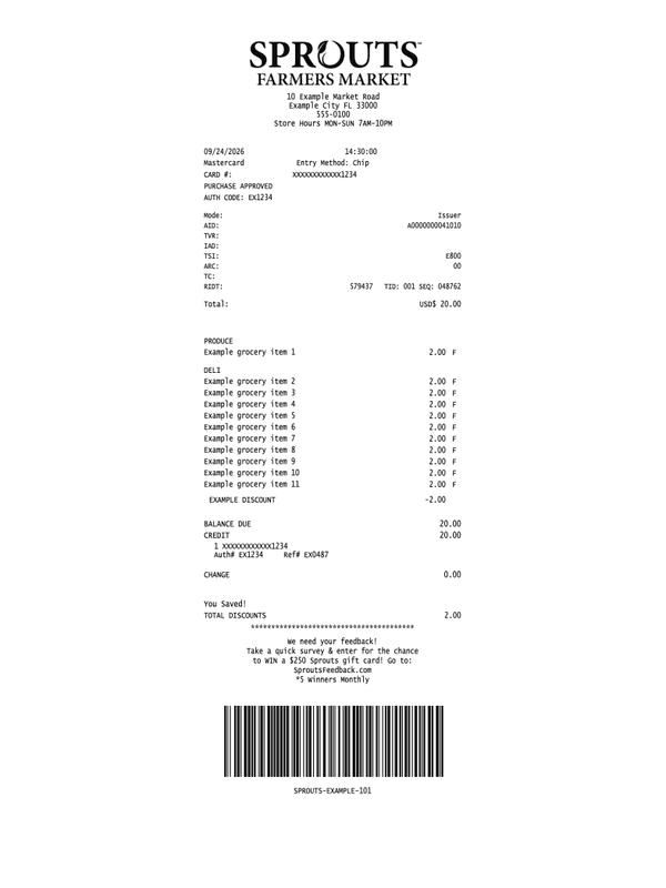 Sprouts Farmers Market Receipt editable example