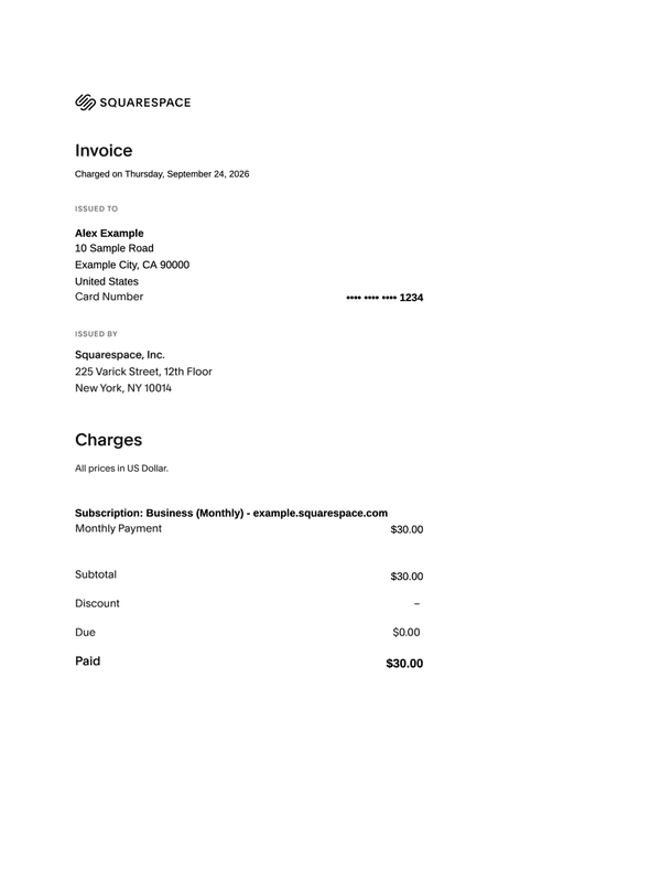 Squarespace Subscription Invoice editable example