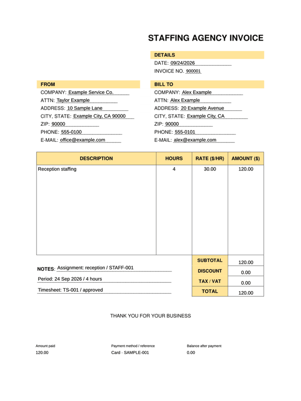 Temporary Staffing Receipt editable example