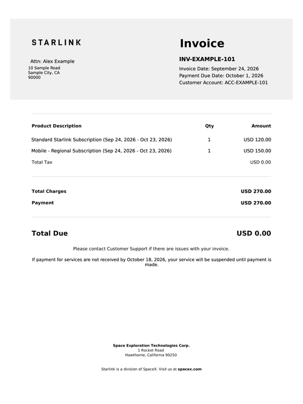 Starlink Invoice editable example
