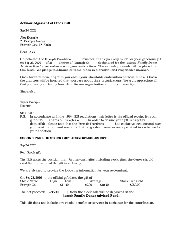 Stock Donation Receipt editable example