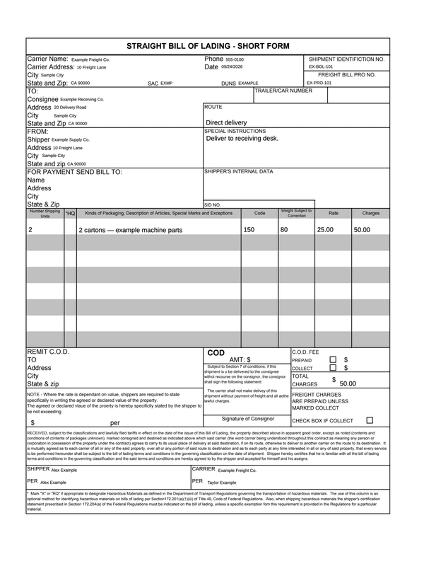 Straight Bill of Lading Receipt editable example