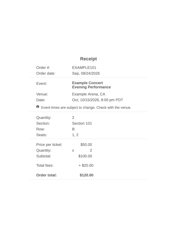 StubHub Order Receipt editable example