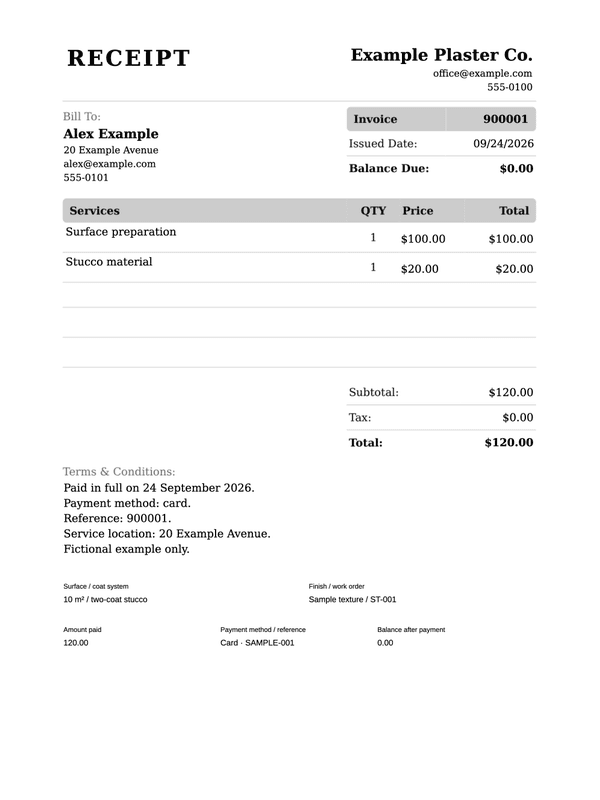 Stucco and Plastering Receipt editable example