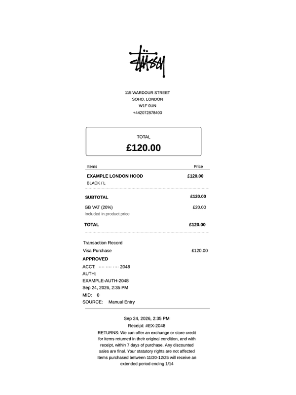 Stussy London Store Receipt editable example