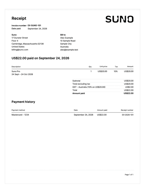 Suno Pro Receipt editable example