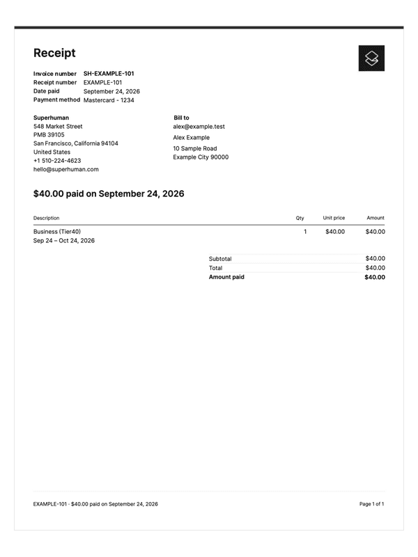 Superhuman Payment Receipt editable example