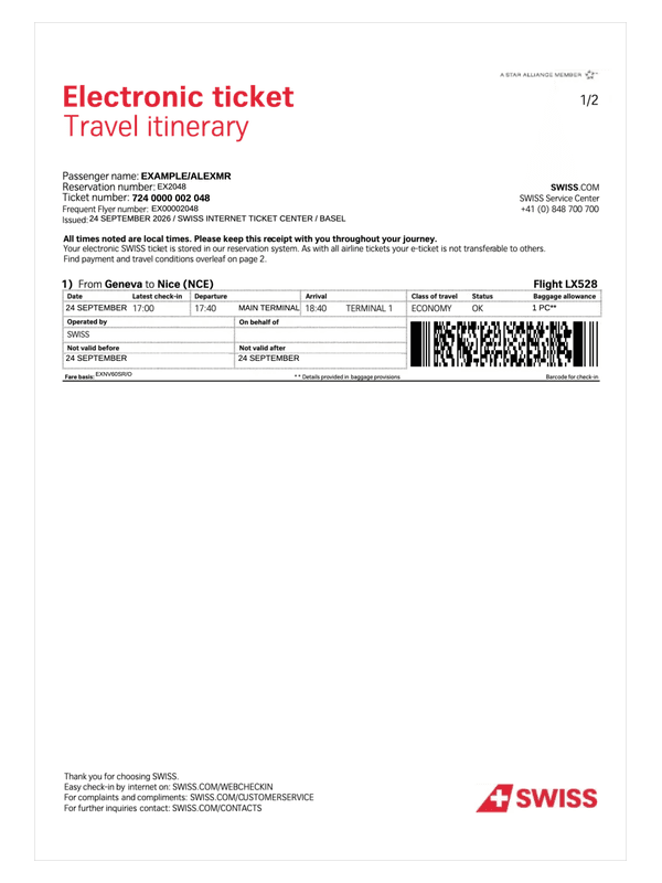 SWISS Passenger Receipt editable example