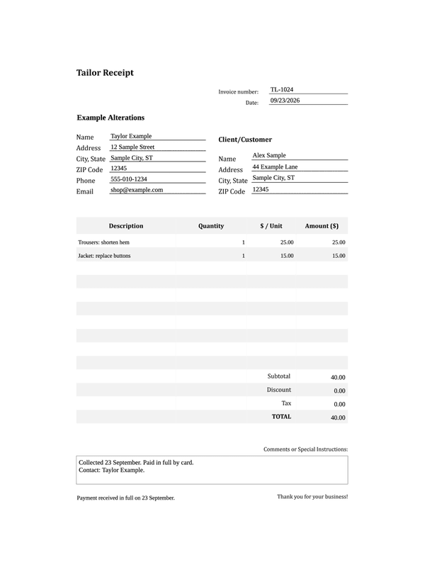 Tailor Receipt editable example
