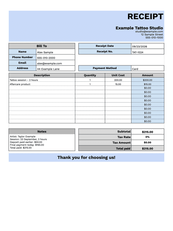 Tattoo Receipt editable example