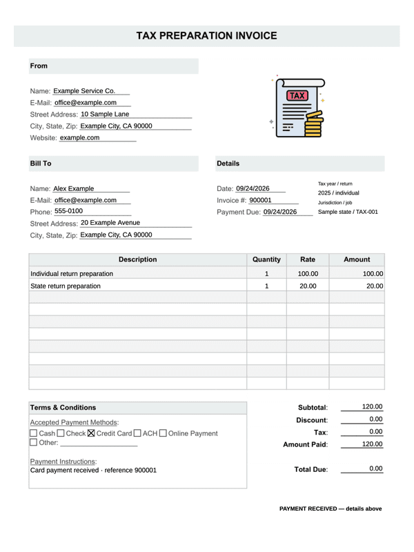 Tax Preparation Receipt editable example