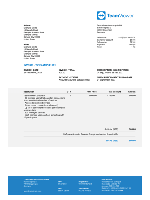 TeamViewer Invoice editable example