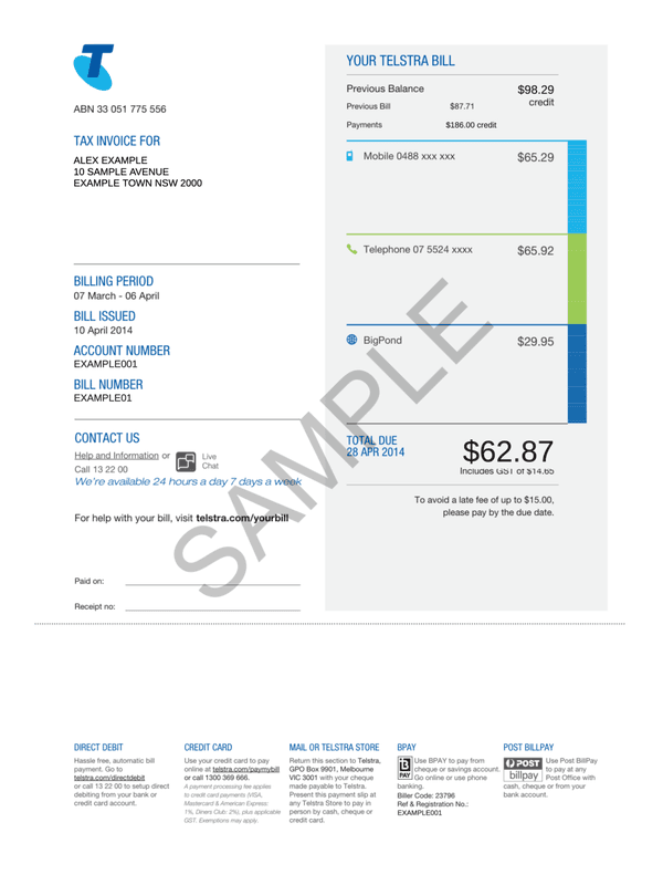 Telstra Bill editable example