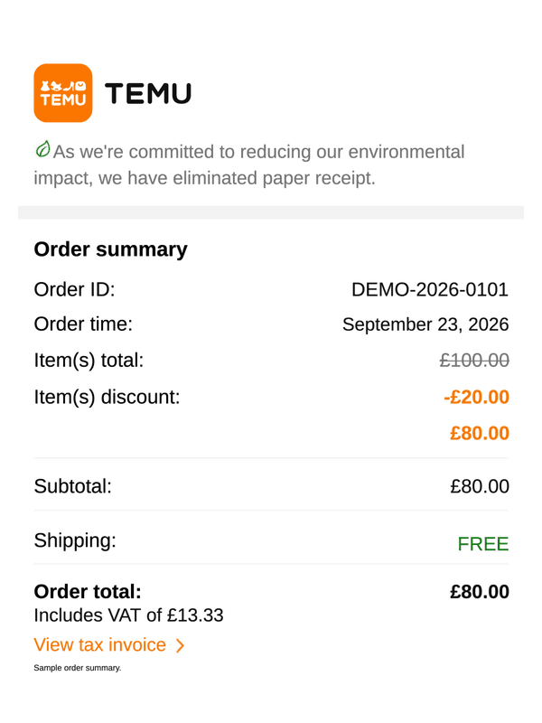 Temu Receipt editable example