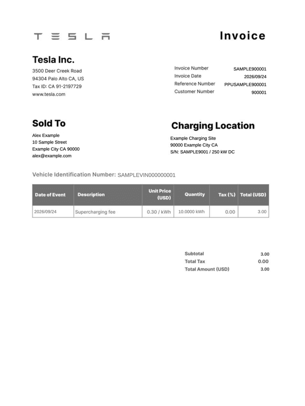 Tesla Supercharger Receipt editable example