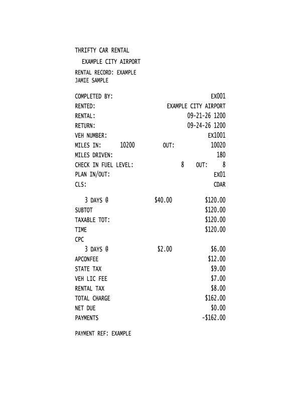 Thrifty Rental Receipt editable example