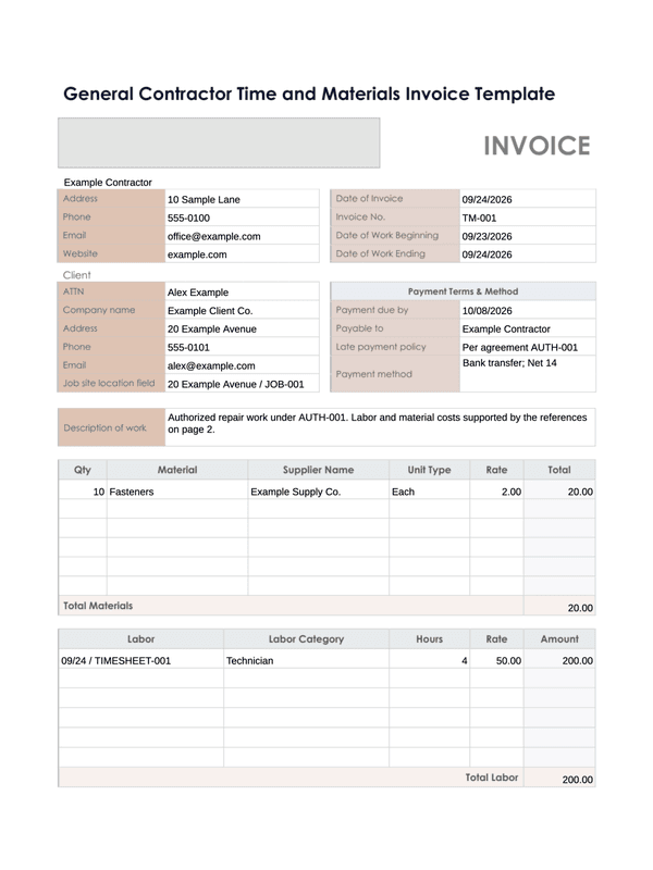 Time and Materials Invoice editable example