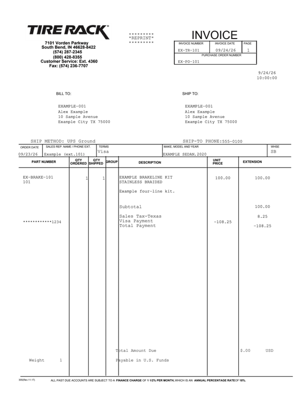 Tire Rack Receipt and Invoice editable example