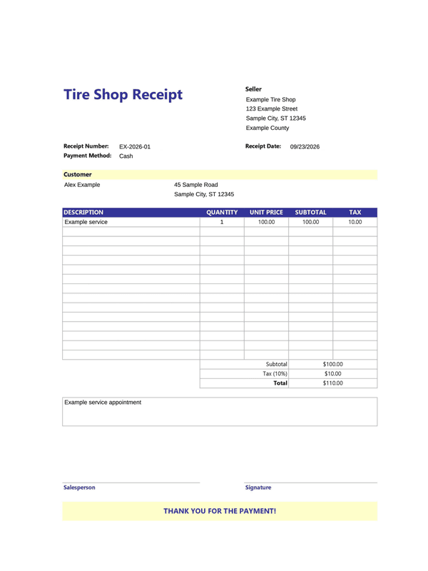 Tire Shop Receipt editable example