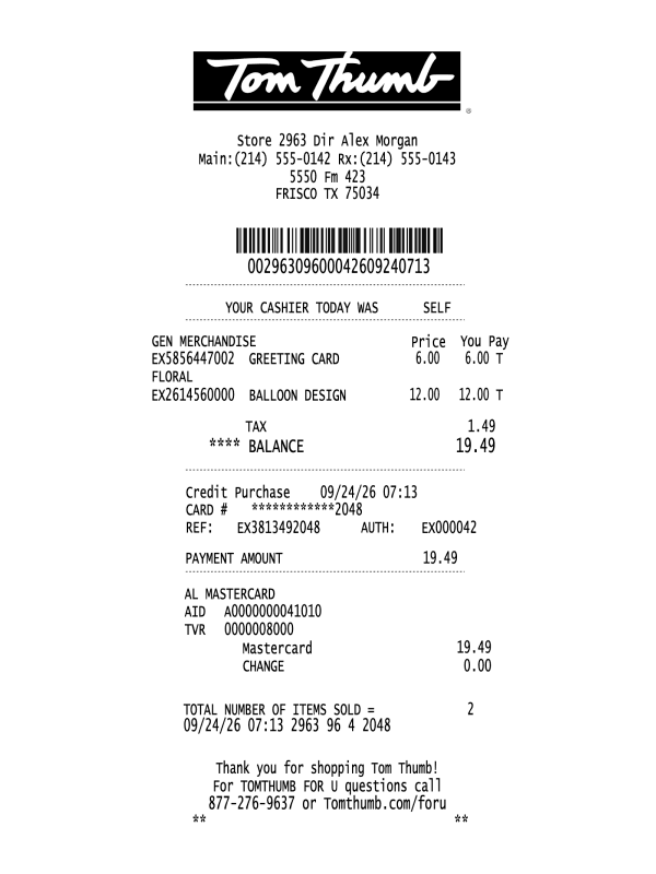 Tom Thumb Receipt editable example